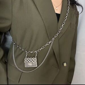 Anthropologie Fashion Tassel Silver Chain Belt with mini Bag. Trendy!h…